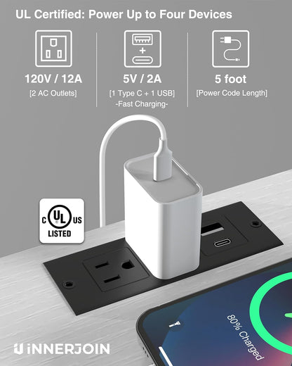 Side Table Set of 2, C-Shaped End Tables with USB Charging & LED Light, Small Sofa Laptop & Snack Tables, White