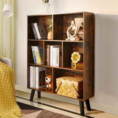 3-Tier Cube Bookshelf with Legs – Mid-Century Rustic Brown Wood Storage Organizer for Bedroom, Living Room, or Office