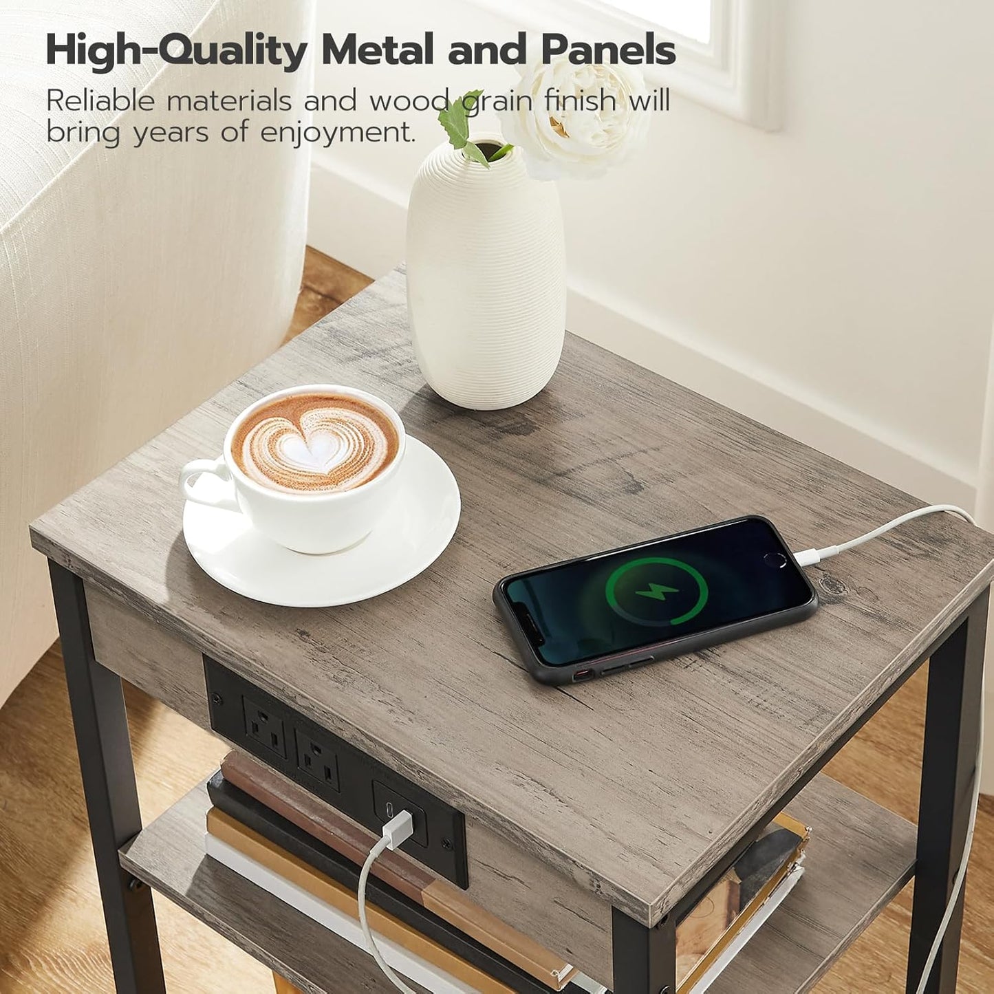 Set of 2 End Tables with Charging Station, 3-Tier Nightstands with USB Ports