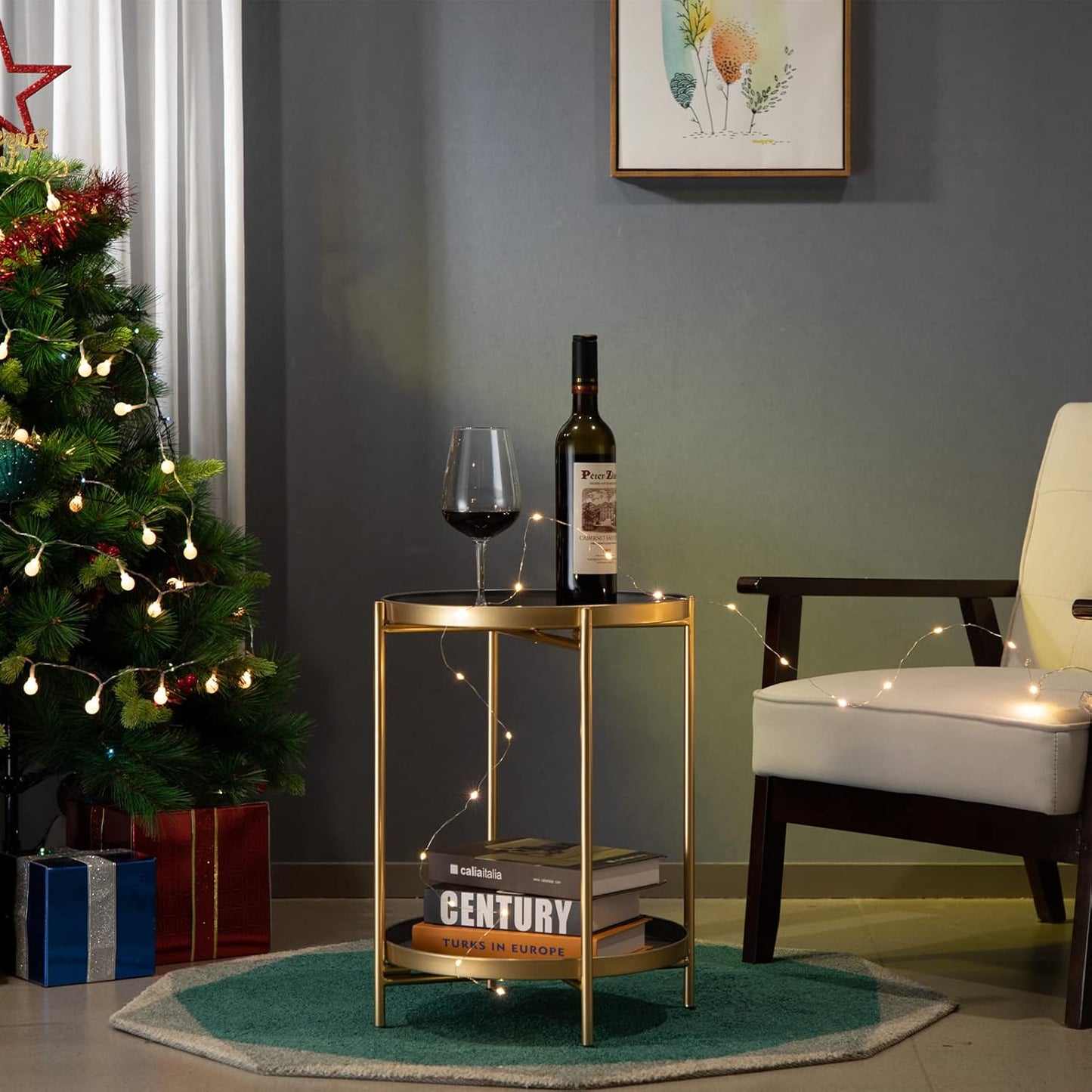 2-Tier Round Folding Side Table with Removable Tray, Gold & Grey