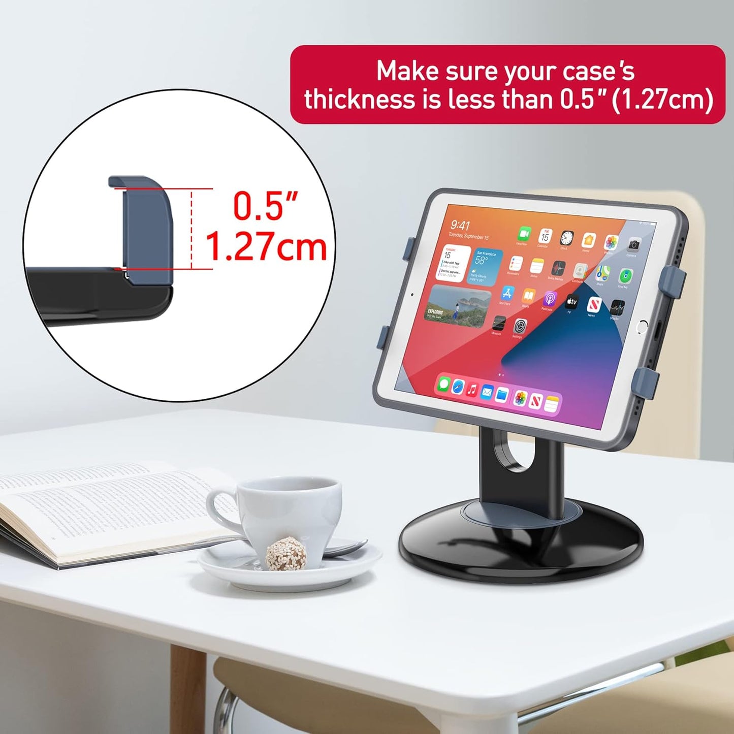 360° Rotating Tablet Stand for 6"-13" Devices, POS Holder for Desk or Counter