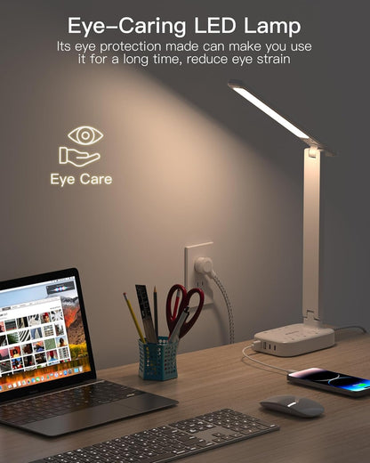LED Desk Lamp with Power Strip, 5ft Cord, 3 Outlets, 4 USB Ports, Touch Control, Adjustable Light, White