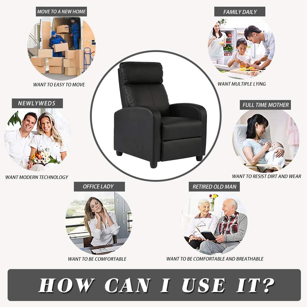 Recliner Chair for Living Room, Single Sofa Lounge with Padded Seat and Backrest, Black