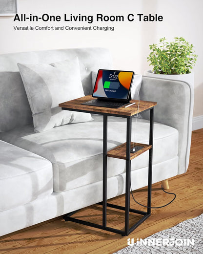 Side Table Set of 2, C-Shaped End Tables with USB Charging & LED Light, Small Sofa Laptop & Snack Tables, Rustic Brown