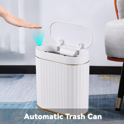 Automatic Motion Sensor Trash Can, 2 Gallon Slim Slimline Bin for Bathroom, Bedroom, Kitchen, Office – White with Gold Trim