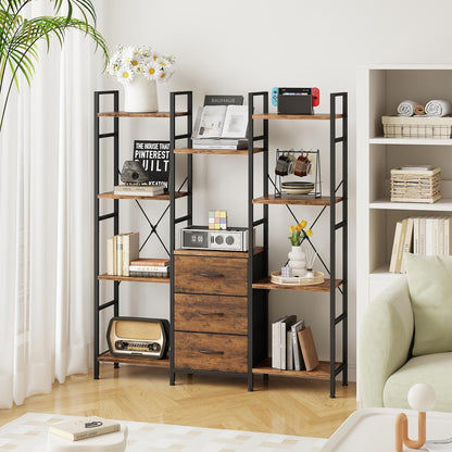 Triple Bookshelf with Fabric Drawers, 4-Tier Storage and Display Shelves, Rustic Brown