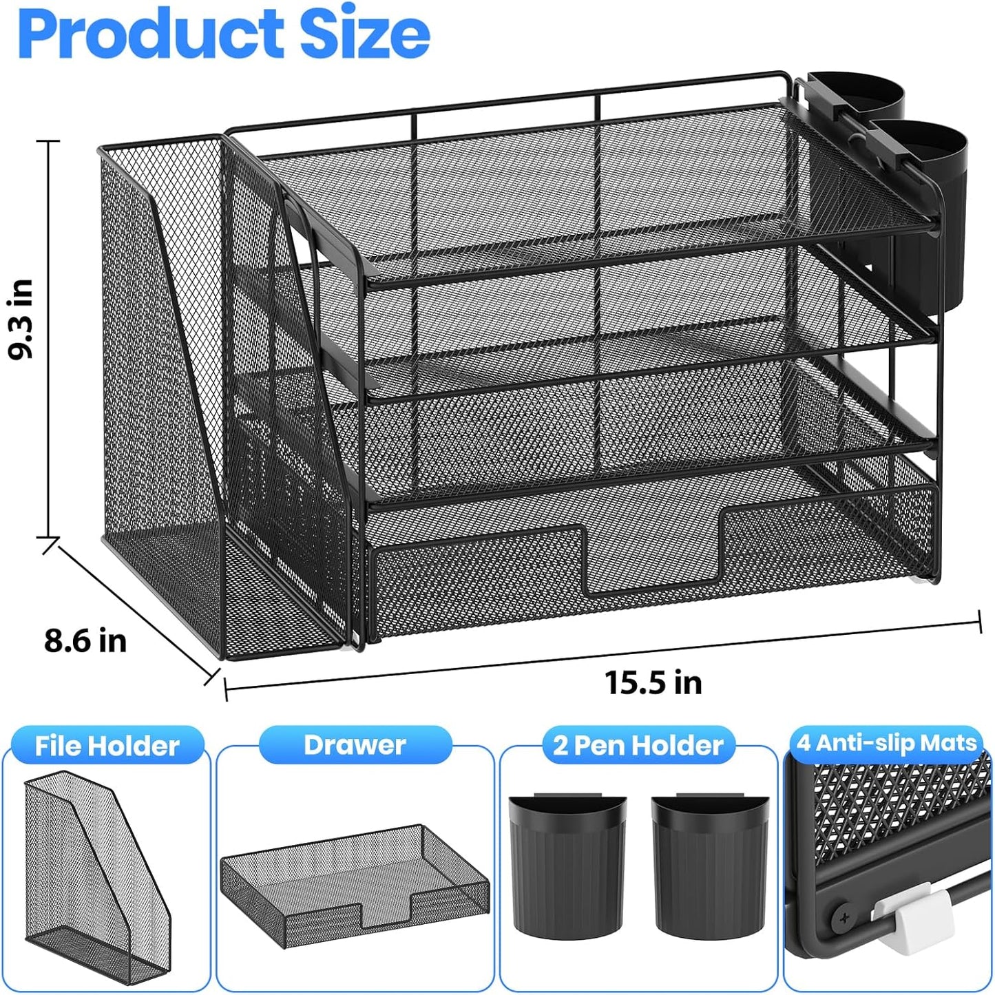 4-Tier Desktop File Organizer with Drawer and Pen Holders – Desk Organizer for Office Supplies (Black)