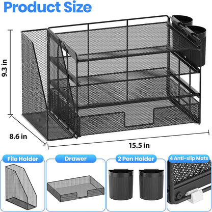 4-Tier Desktop File Organizer with Drawer and Pen Holders – Desk Organizer for Office Supplies (Black)