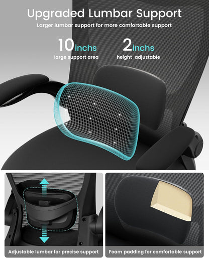 Ergonomic Office Chair with Adjustable Lumbar Support, Flip-Up Armrests, Breathable Mesh – Black