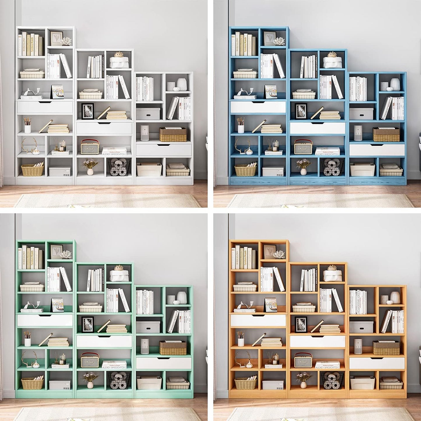Wooden 8-Cube Bookcase with Drawer, Freestanding Storage Cabinet Organizer, Tiffany Green