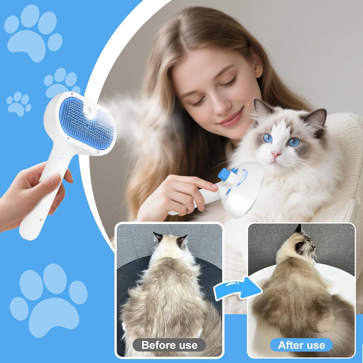 3-in-1 Pet Steam Grooming Brush – Hair Removal & Self-Cleaning for Dogs & Cats, Blue