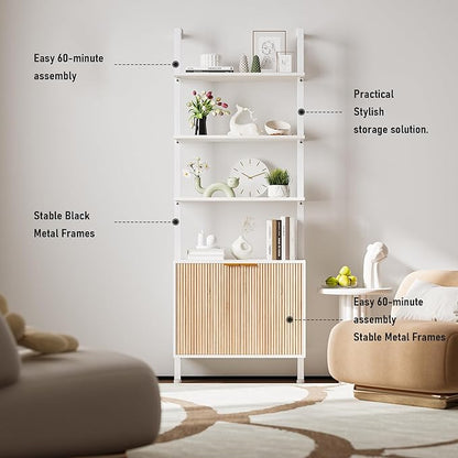 74" Ladder Bookshelf with Storage Cabinet, Wood & Metal Frame, Open Display Shelf, White and Oak