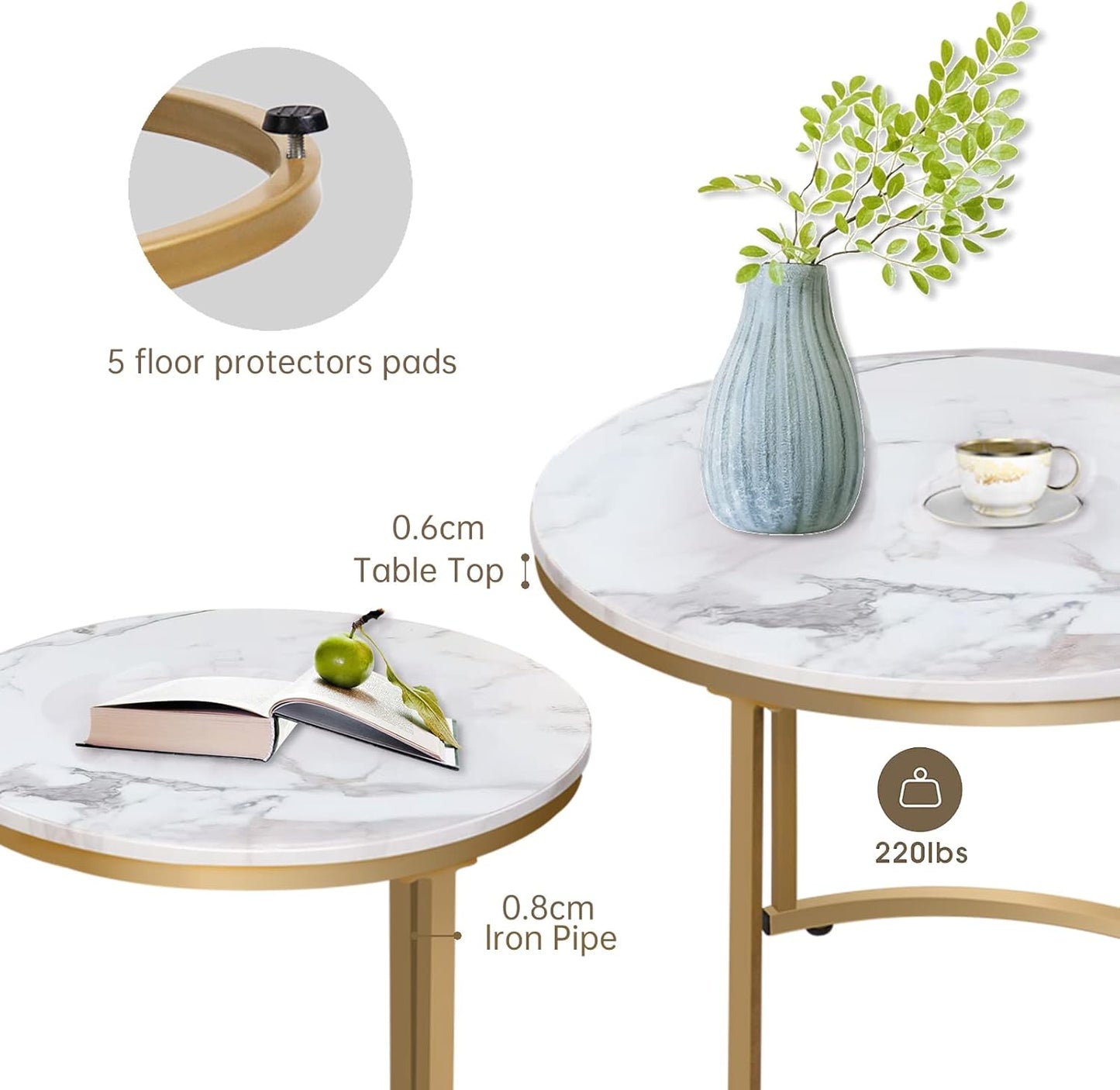 Nesting Coffee Table Set of 2, Round Marble Pattern with Gold Frame for Living Room & Bedroom