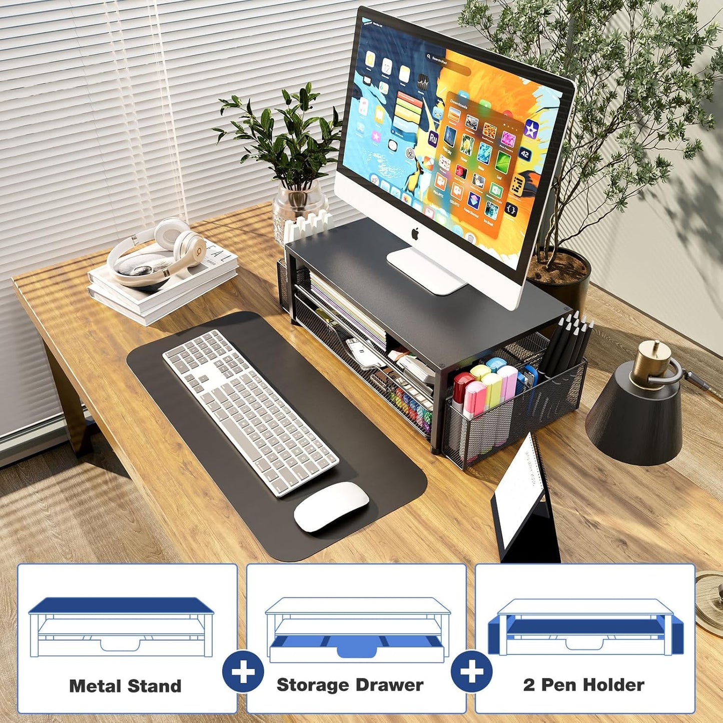 2-Tier Monitor Stand Riser with Drawer and Pen Holders – Desk Organizer and Laptop Stand for Office Supplies (Black)