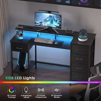 47" Gaming Desk with LED Lights, Power Outlets & 5 Fabric Storage Drawers