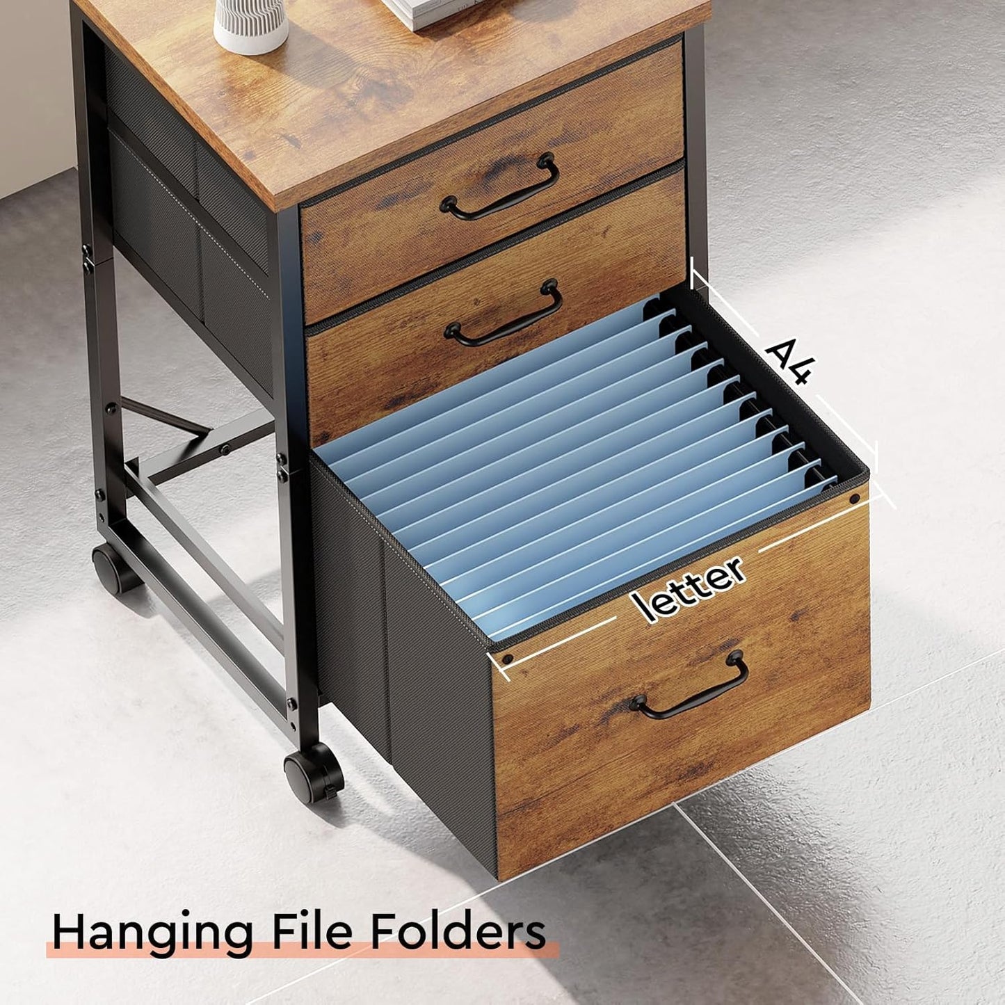 3-Drawer Mobile Fabric File Cabinet with Wheels – A4/Letter Size, Rustic Brown