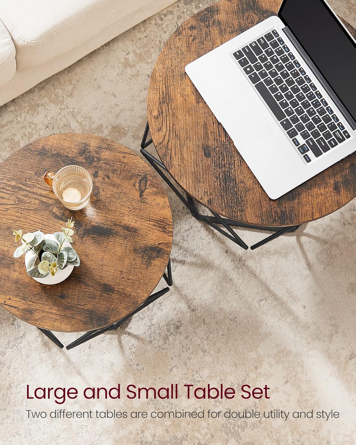 Round Coffee Table Set of 2 with Steel Frame, Side End Tables for Living Room, Bedroom, Office, Rustic Brown and Black