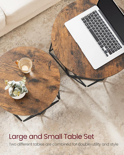 Round Coffee Table Set of 2 with Steel Frame, Side End Tables for Living Room, Bedroom, Office, Rustic Brown and Black