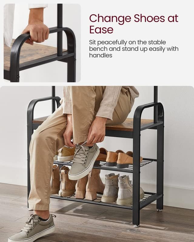 Hall Tree with Shoe Bench and Coat Rack, 4-in-1 Entryway Organizer with Hooks and Hanging Rod, Rustic Brown/Black