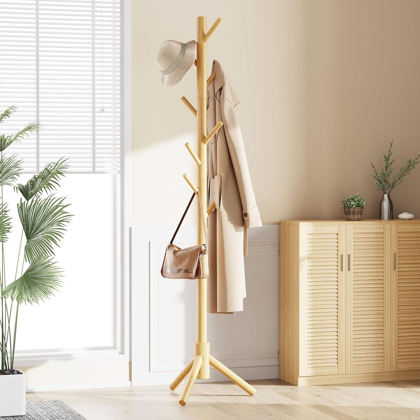 Wooden Coat Rack Stand with Adjustable Height and 8 Hooks for Entryway, Bedroom, or Office