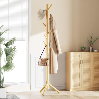 Wooden Coat Rack Stand with Adjustable Height and 8 Hooks for Entryway, Bedroom, or Office