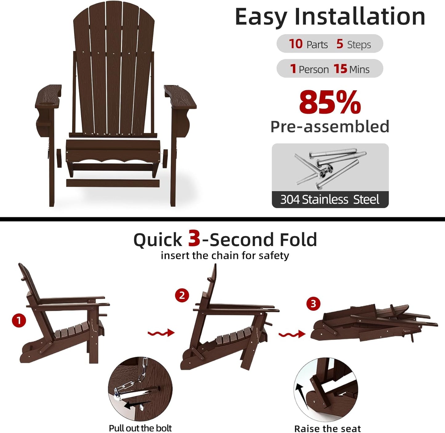 Folding Adirondack Chair with Cup Holder & Umbrella Hole, Weather-Resistant HDPE, Brown