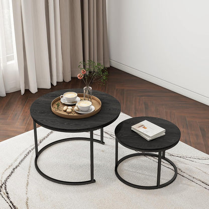 Round Nesting Coffee Table Set of 2 – Living Room End Tables with Metal Frame, Black