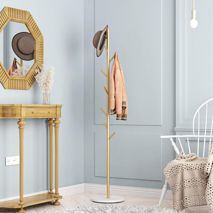 Gold Metal Coat Rack with Marble Base – Freestanding Entryway Stand with Hooks for Clothes, Hats & Bags
