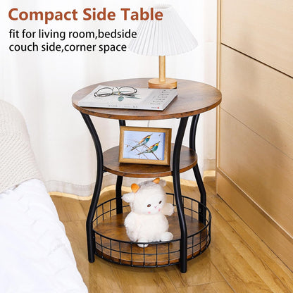 Round 3-Tier Side Table with Storage Shelves, Rustic Brown