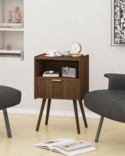 Modern Nightstand with Drawer and Open Shelf, Bedside Table for Bedroom, Living Room, or Small Spaces, Walnut Brown