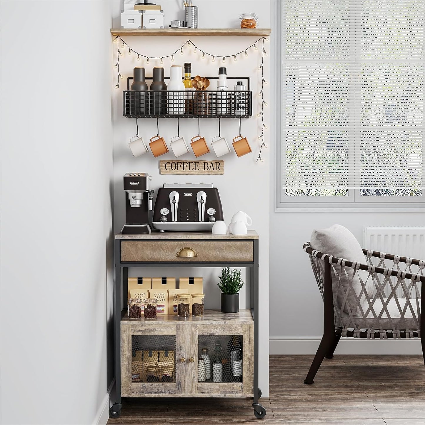 3-Tier Coffee Bar Cabinet with Drawer and Wheels – Farmhouse Kitchen Station