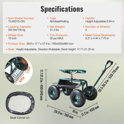 Rolling Garden Cart with Swivel Seat, Wheels & Tool Tray – Green