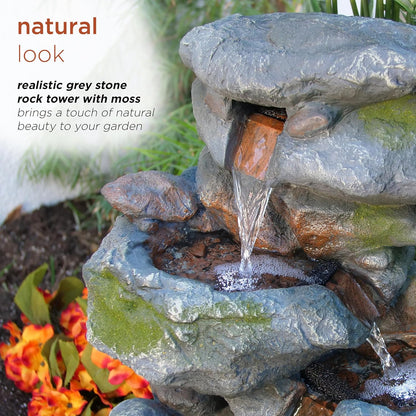 3-Tier Rock Waterfall Fountain with LED Lights – 22" Outdoor Garden & Patio Decor, Gray
