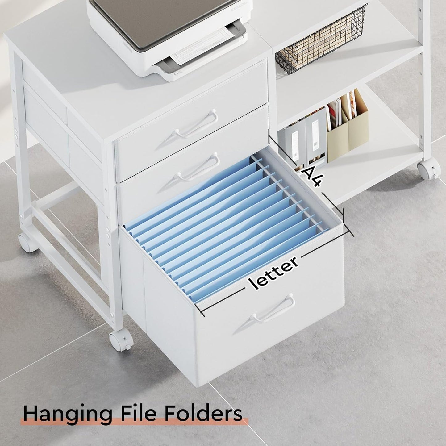 3-Drawer Rolling File Cabinet with Open Shelf – White