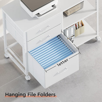 3-Drawer Rolling File Cabinet with Open Shelf – White