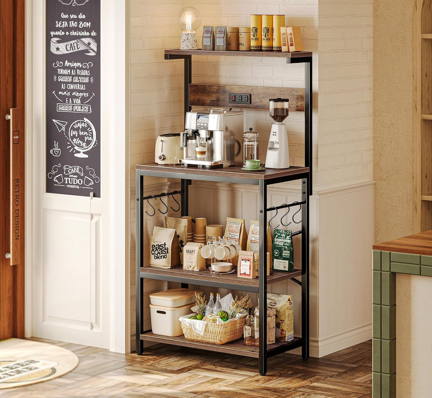 ChatGPT said:  Kitchen Baker’s Rack with Power Outlet – 4-Tier Coffee Bar & Microwave Stand with Hooks, Rustic Brown