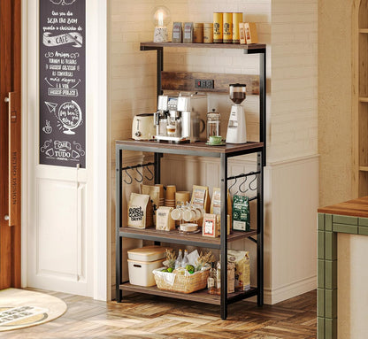 ChatGPT said:  Kitchen Baker’s Rack with Power Outlet – 4-Tier Coffee Bar & Microwave Stand with Hooks, Rustic Brown