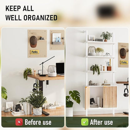 74" Ladder Bookshelf with Storage Cabinet, Wood & Metal Frame, Open Display Shelf, White and Oak