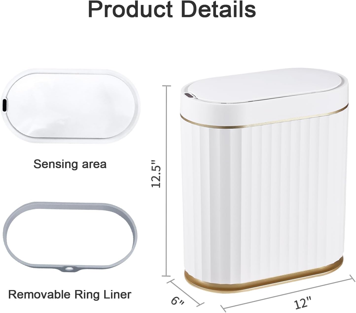 Automatic Motion Sensor Trash Can, 2 Gallon Slim Slimline Bin for Bathroom, Bedroom, Kitchen, Office – White with Gold Trim
