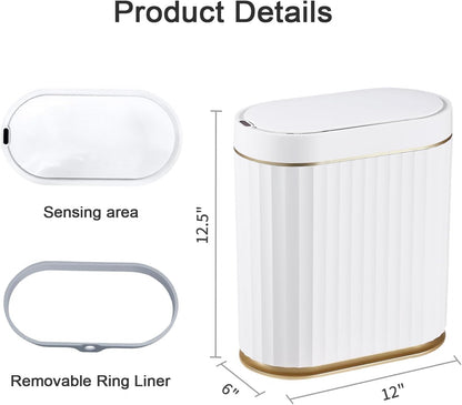 Automatic Motion Sensor Trash Can, 2 Gallon Slim Slimline Bin for Bathroom, Bedroom, Kitchen, Office – White with Gold Trim