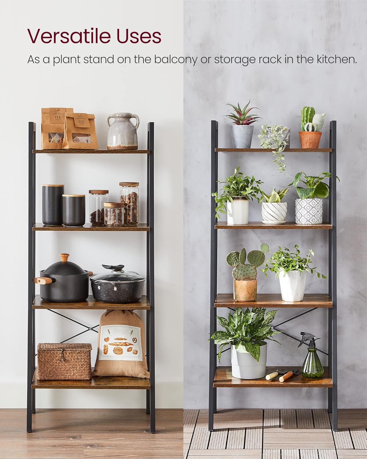 4-Tier Ladder Shelf, Industrial Bookshelf with Steel Frame for Living Room, Office, or Bedroom, Rustic Brown & Black