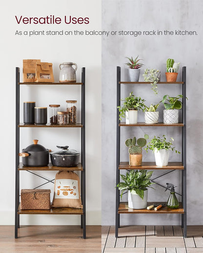 4-Tier Ladder Shelf, Industrial Bookshelf with Steel Frame for Living Room, Office, or Bedroom, Rustic Brown & Black