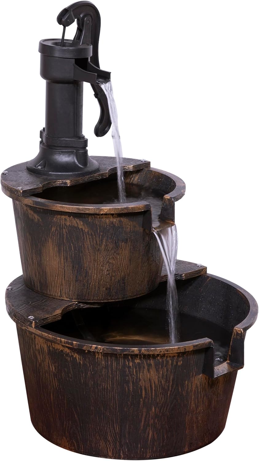 Outdoor Rustic 2-Tier Barrel Water Fountain with Pump, Bronze Finish, 27"