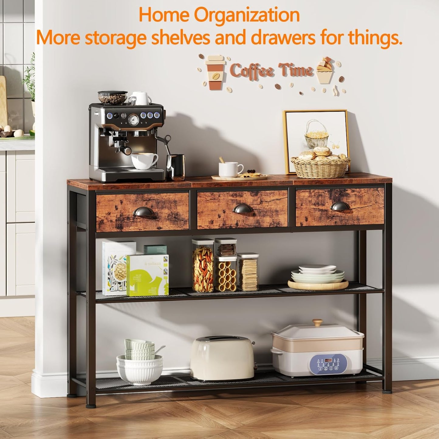 Console Table with 3 Drawers and Storage Shelves, Rustic Brown Entryway Table for Living Room or Hallway