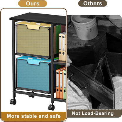 2 Drawer Lateral File Cabinet with Wheels and Storage Shelf – Black