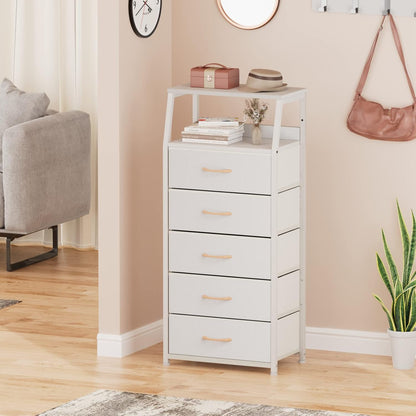 White 5-Drawer Fabric Dresser with Wood Top and Steel Frame, Vertical Storage Tower for Bedroom and Closet