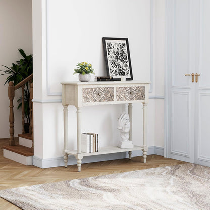 Narrow Console Table with 2 Drawers and Shelf, Entryway or Sofa Table, Light Grey
