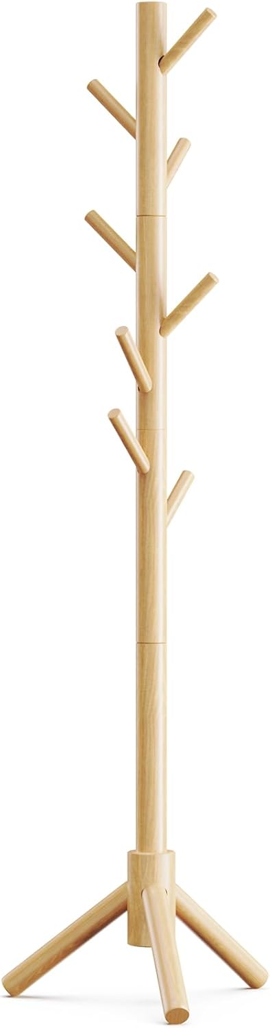 Wooden Coat Rack Stand with Adjustable Height and 8 Hooks for Entryway, Bedroom, or Office