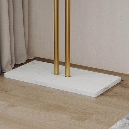 Double-Pole Freestanding Coat Rack with 5 Hooks and Marble Base, Gold