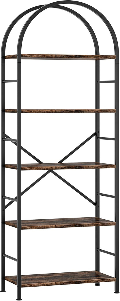 Arched 5-Tier Bookshelf, Rustic Brown Storage Bookcase for Home or Office